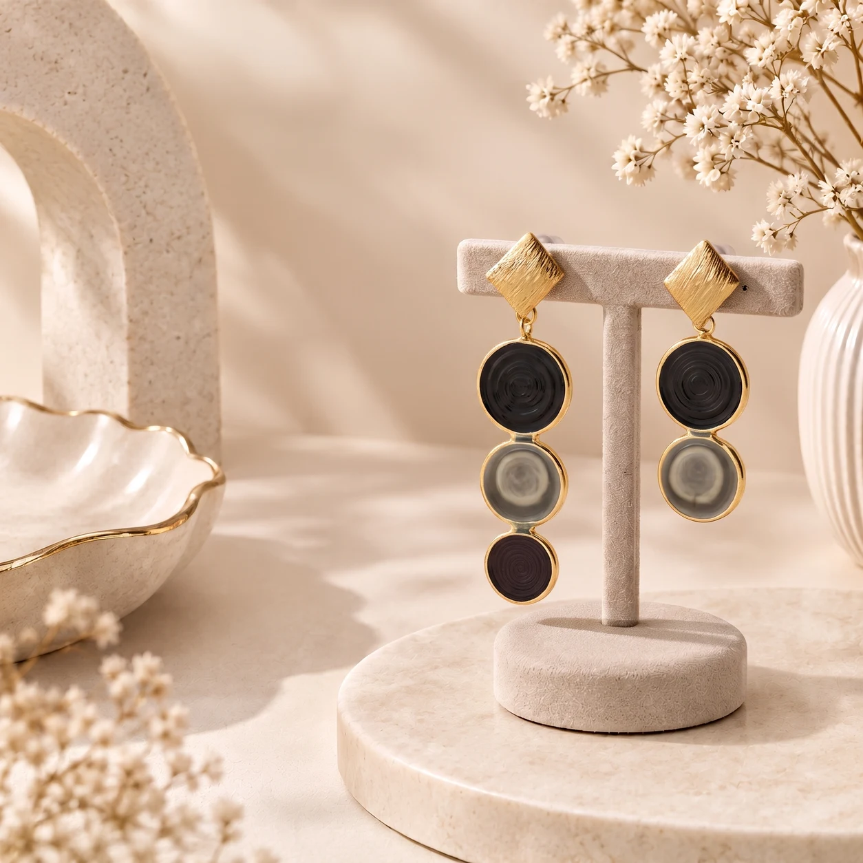Gold Detaylı Siyah & Gri Geometrik Sarkan Küpe