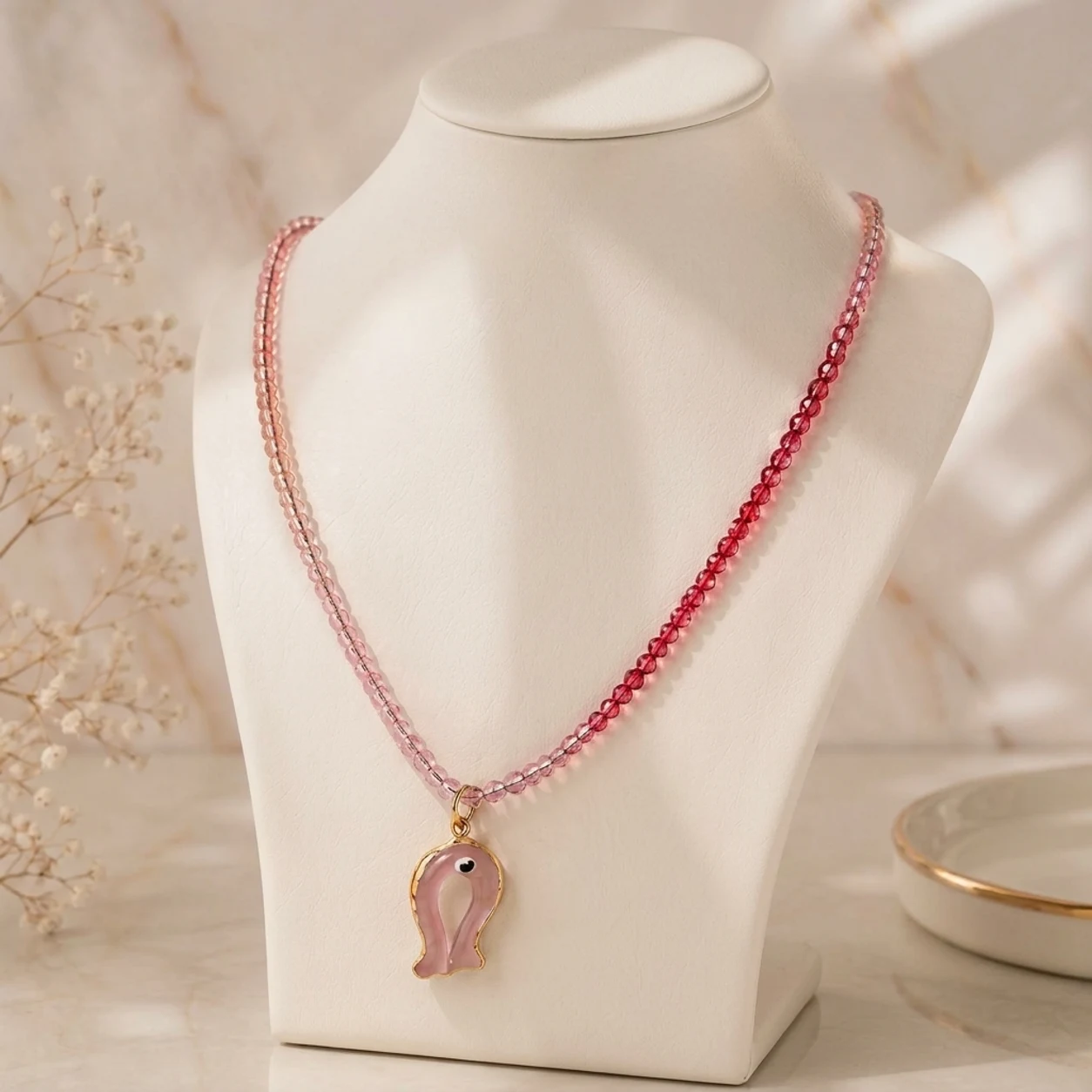 Pembe Boncuklu Balık Figürlü Kolye